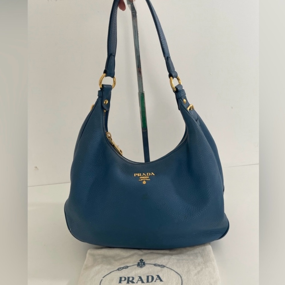 Prada Blue Pebbled Leather Hobo with Gold-Tone Hardware